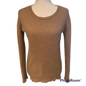 WYTHE NY SWEATER ROUND CREWNECK TAN CASHMERE OPEN KNIT FRONT SIZE XS